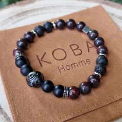 Perle de Tahiti noire sculptée, jaspe rouge, agate noire, pierre de lave - bracelet
