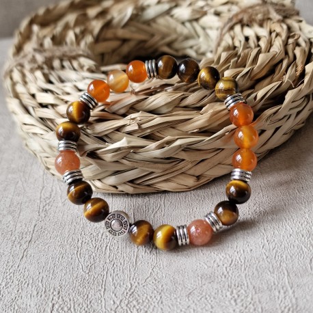 oeil de tigre, cornaline et pierre de soleil - bracelet large