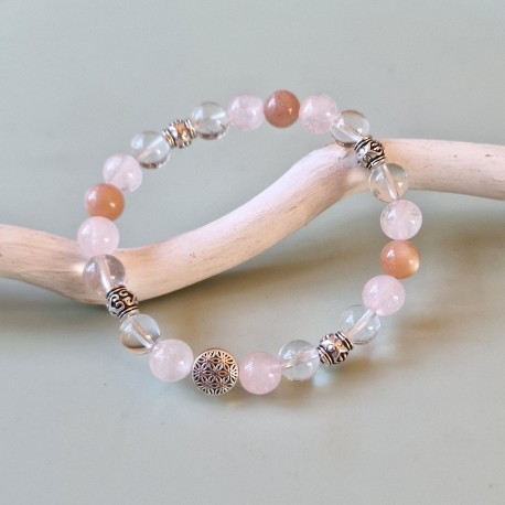Quartz rose et pierre de lune- bracelet large