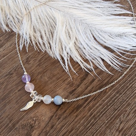 Quartz rose, pierre de lune, améthyste, angélite - collier argent
